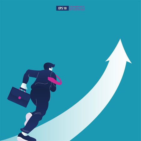Businessman holding a briefcase running to the arrow. Catch the opportunity.  background vector illustrationのイラスト素材