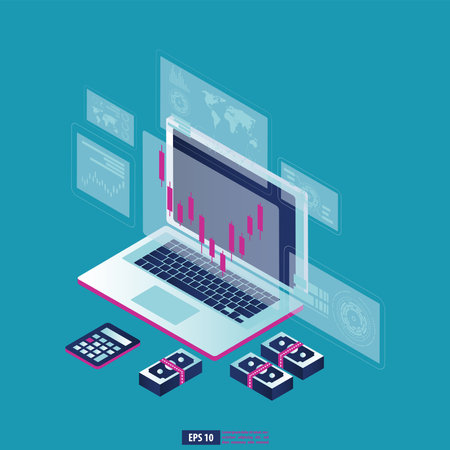 Return on investment ROI graph and chart in laptop. business growth arrows to success. business background vector illustrationのイラスト素材