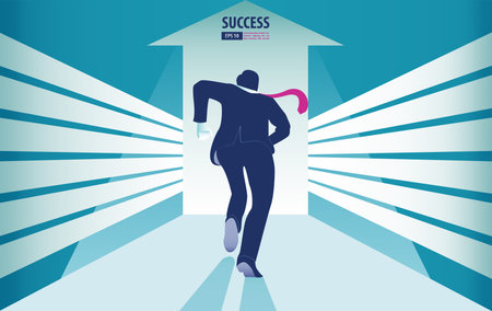 Businessman running to the arrow door in the hallway. Catch the opportunity.  background vector illustrationのイラスト素材