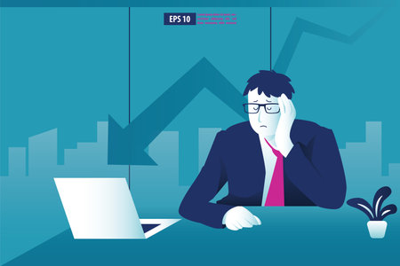Bankruptcy vector illustration  concept. Businessman with broke company. global financial crisis with arrow decrease symbol. economy drop, lost,and bankruptのイラスト素材