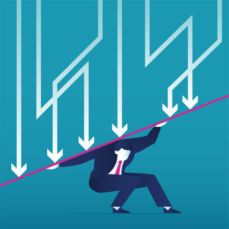 A businessman bears a burden on global financial crisis with arrow decrease symbol. economy drop, lost, and bankrupt. Background vector illustrationのイラスト素材