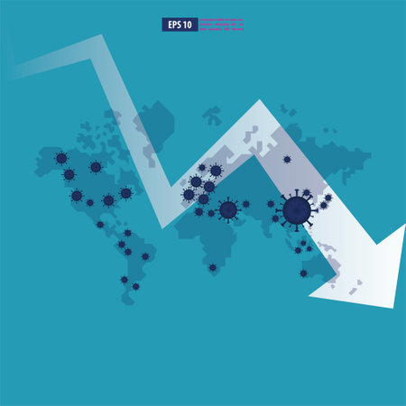 Economic downturn caused by a Coronavirus pandemic or COVID-19 concept. Businessman faces an economic crisis which is marked by arrow symbol. Vector illustrationのイラスト素材