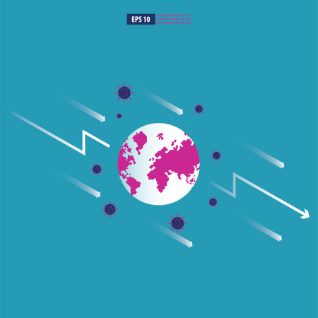 Economic downturn caused by a Coronavirus pandemic or COVID-19 concept. Businessman faces an economic crisis which is marked by arrow symbol. Vector illustrationのイラスト素材