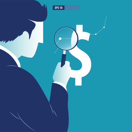 Businessman analyzes trends in currency changes. Business vector illustrationのイラスト素材