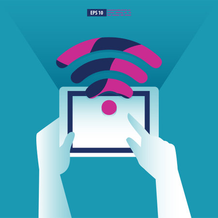 Hand operate the tablet with free wifi symbol. Business concept vector illustrationのイラスト素材