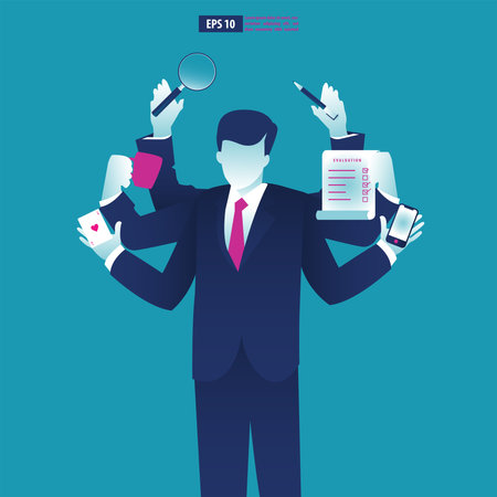 Businessman with multitasking and multi skill. Businessman with six hands holding objects. Business Vector Illustrationのイラスト素材