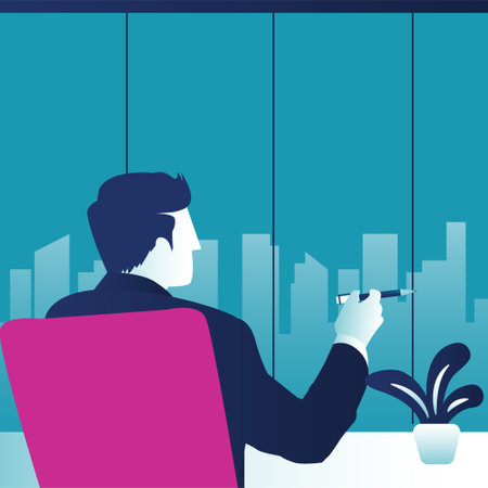 Businessman thinking and contemplating see a view of the city through a glass window. Business Vector Illustrationのイラスト素材