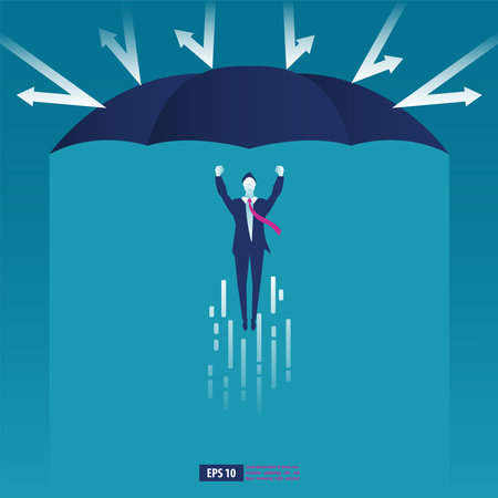 Business man flying holding big umbrella to protect from obstacle. Business vector illustrationのイラスト素材