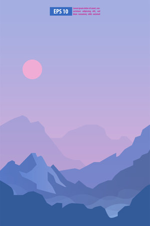 Beautiful sunrise or sunset snow winter mountain landscape with moon or sun. Vector concept for weather app. Nature scenery background vector illustrationのイラスト素材