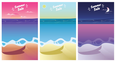 Summer beach landscape at sunrise, sunset and night. Summer Sale Season banners set template vector illustrationのイラスト素材