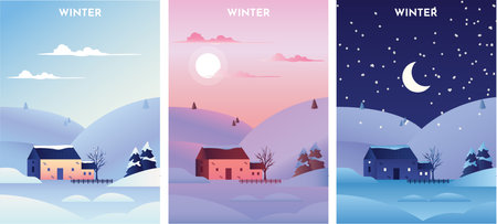 Winter Landscape at sunrise, sunset and night. Winter Season banners set template vector illustration.のイラスト素材