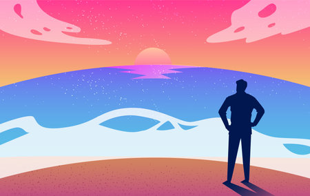 Sea and beach landscape concept. Silhouette man enjoy beauty of summer beach sunset. vector illustrationのイラスト素材
