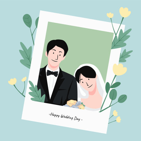Colorful wedding day bride and groom couple marriage ceremony with hill landscape and scenery vector illustrationのイラスト素材