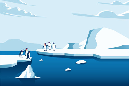 Climate change is real. Penguin on  melting mountain ice and sea level rising vector illustration conceptのイラスト素材