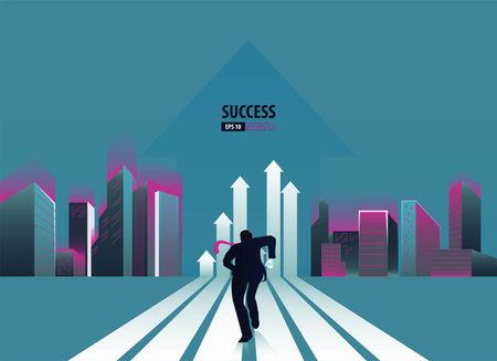 Business arrow concept with businessman on arrow flying to success. grow chart up increase profit sales and investment. background vectorのイラスト素材