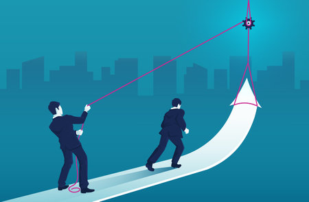 Businessman standing on arrow graph and pulling it upwards with rope. grow chart up increase profit sales and investmentのイラスト素材