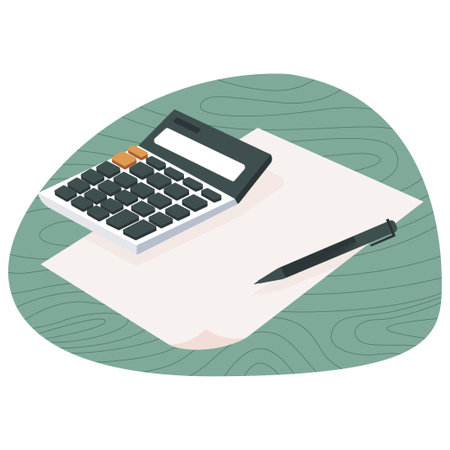 Calculator, pen and piece of blank paper with green bubble isolated on white background. Preparation to start work. Flat design vector illustrationのイラスト素材