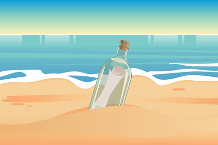 Message in the bottle stranded on the sand, vector illustrationのイラスト素材