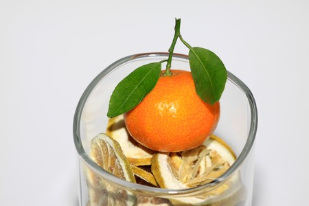 lemon slice and orange in the glass.の写真素材