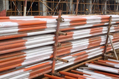 close up of piles of steel pipeline, in a construction site, Luannan County, Hebei Province, China.