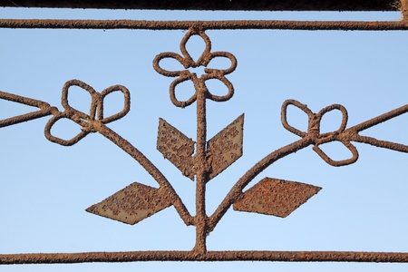 wrought iron flowers on the rust iron doorの写真素材