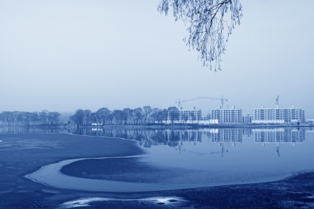ice surface and building freeze construction, north chinaの写真素材
