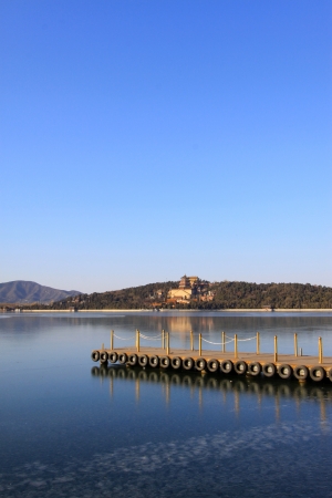 The Summer Palace, Beijing, December 10th  dock and the tower of Buddhist incense in Kunming Lake, in the Summer Palace on December 10, 2011, Beijing, china のeditorial素材