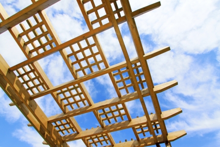 Wood decorations under the sky, closeup of photoの写真素材
