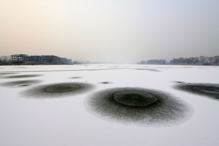 circular pattern on the ice, in the river, winter, Chinaの写真素材