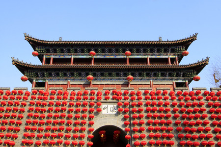 LUAN COUNTY - MARCH 9  Red lanterns and ancient towers, in the Luanzhou ancient city, on march 9, 2014, Luan county, hebei province, China  のeditorial素材