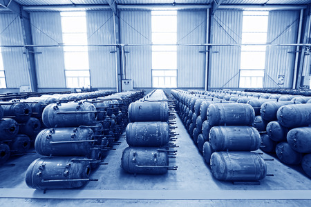 Metal pressure tank piled up together, closeup of photo のeditorial素材