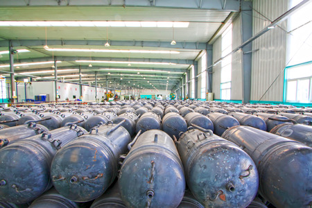 Metal pressure tank piled up together, closeup of photo の写真素材