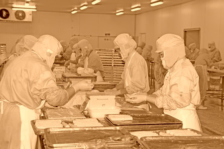 workers in the food processing production line in a factory, north china