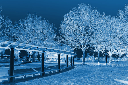 wooden corridor architecture landscape in a park, north chinaの写真素材