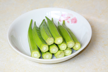 Okra in the dish, closeup of photo
