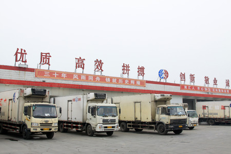 YUTIAN COUNTY - NOVEMBER 23: Shuanghui cold fresh meat group co., LTD freight vehicles, on november 23, 2014, Yutin County, Hebei Province, Chinaのeditorial素材