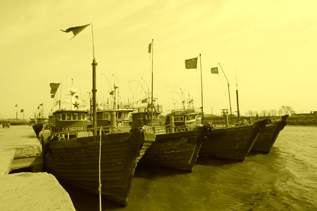 Fishing boats moored at the ZuiDong fishing Wharf, Luannan County, Hebei Province, Chinaのeditorial素材