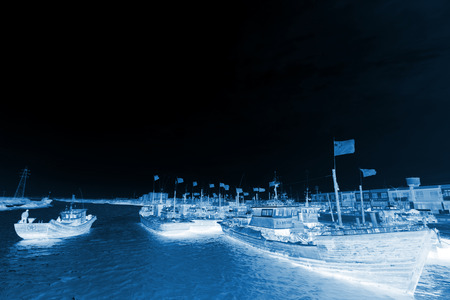 Fishing boats moored at the ZuiDong fishing Wharf, Luannan County, Hebei Province, Chinaのeditorial素材