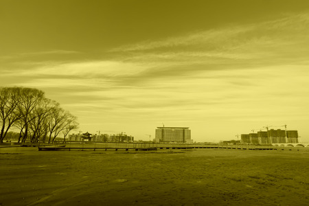 river scenery in a park in winter, north Chinaのeditorial素材