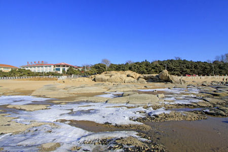 ice and snow natural landscape by the sea, closeup of photoのeditorial素材