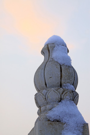 Rock rail and snow, closeup of photoの写真素材