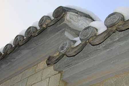 Chinese traditional eaves and snow, closeup of photo