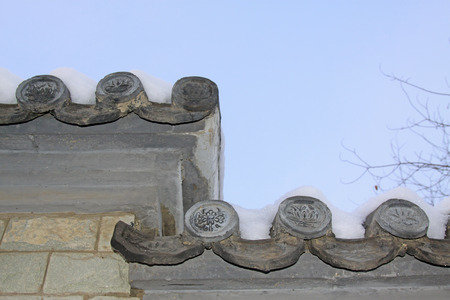 Chinese traditional eaves and snow, closeup of photo
