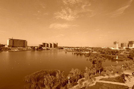 beautiful landscape in a water park under the blue sky, northern chinaの写真素材