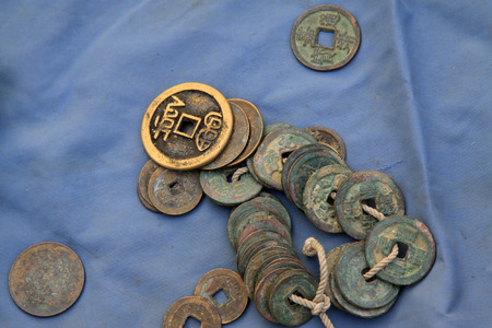 Chinese ancient metal currency, closeup of photoの写真素材