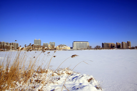 buildings in the snow, closeup of photoの写真素材