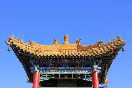 Pavilion building landscape in a temple, closeup of photo