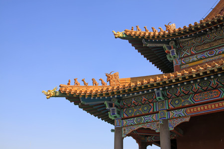 Eaves in a temple, closeup of photo