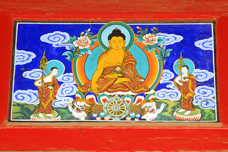 Coloured drawing or pattern in the temple, closeup of photoの写真素材