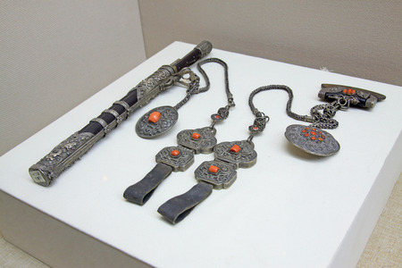 Mongolia sword with coral, closeup of photoのeditorial素材